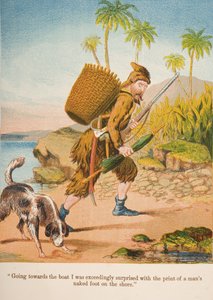 「ボートに向かったとき、岸に男の裸足が描かれたことに驚いた」、ダニエルデフォーの「ロビンソンクルーソー」（1660-1731）、1860年代（クロモリト）のイラスト 作： English School